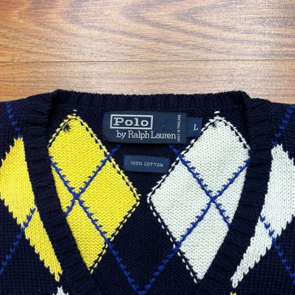Vtg Polo Ralph Lauren Argyle Sweater Vest L Navy Yellow Cotton Preppy V Neck Y2K